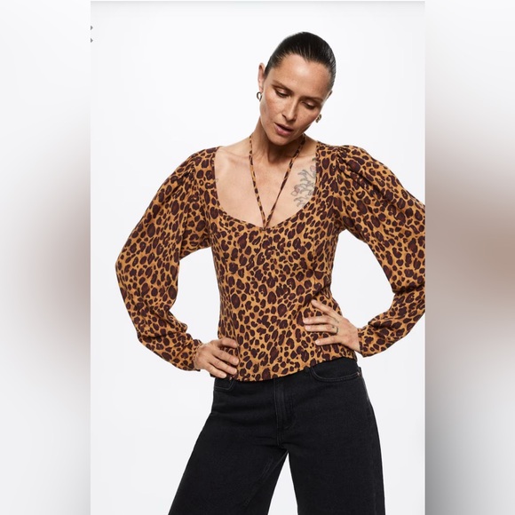 Mango Kendal brown animal print blouse size S - Picture 2 of 5